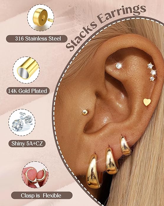 Hypoallergenic 14K Gold Plated Hoop Stud Earrings for Women Surgical Stainless Steel Flat Back Earrings Lightweight Small Chunky Huggie Hoops Cartilage Earring Stacks for Multiple Piercing Women Gifts