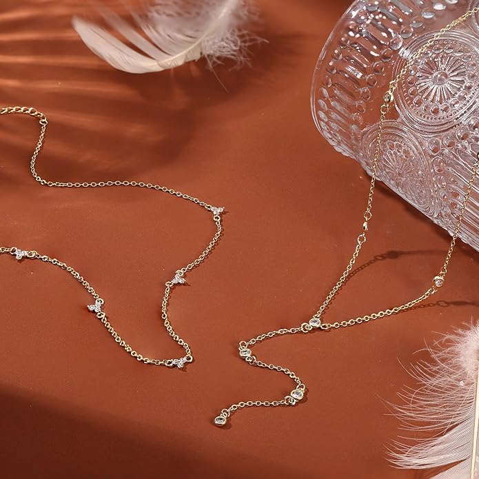 Dochais Dainty Gold Layered Necklace for Women, 14K Gold Plated Y Necklace & Chain, Dainty Lariat Long Necklaces, Trendy Cubic Zirconia Choker, Sun, Heart, Pearl & Cross Pendant Necklace, Jewelry Gift