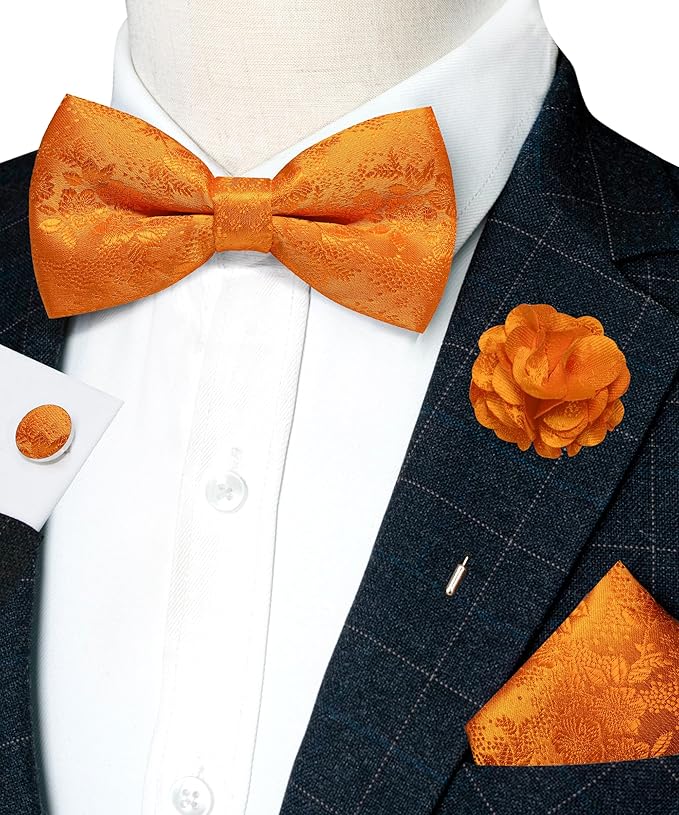 JEMYGINS Floral Pre-tied Bow Tie and Pocket Square Cufflinks Lapel Pin Sets for Men 4PCS