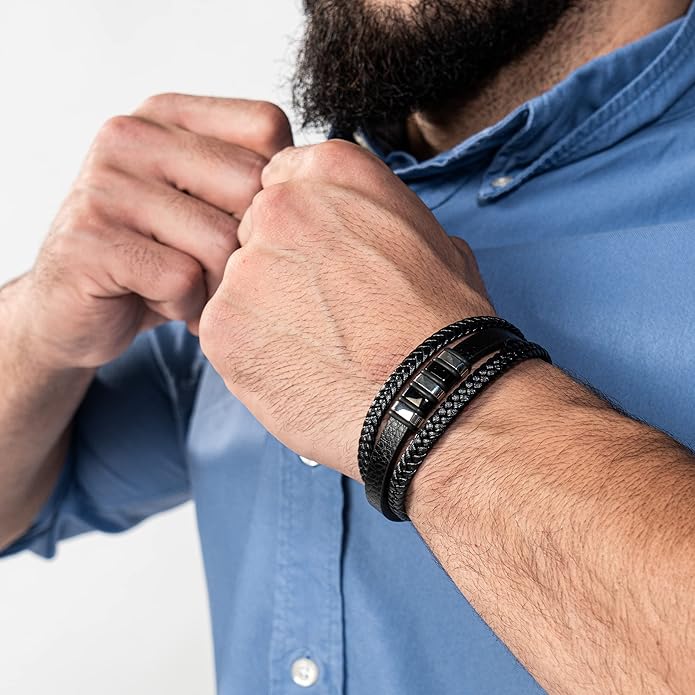 SERASAR | Premium Genuine Leather Bracelet [Glory] for Men in Black | Magnetic Stainless Steel Clasp in Silver and Gold | Exclusive Jewelry Box | Great Gift Idea
