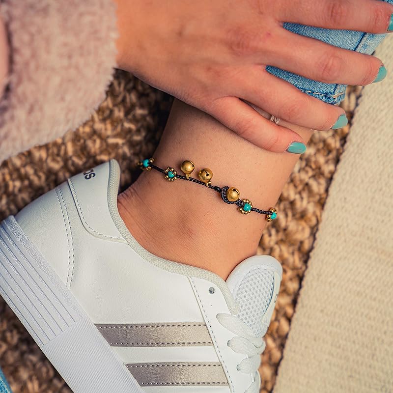 Made by Nami Boho Surfer Anklet Waterproof & Adjustable Beaded Anklets for Women Beachy Ankle Bracelet Made from Waxed Cotton Rope and Beads for Summer and Hippie Style (Turquoise Beads)