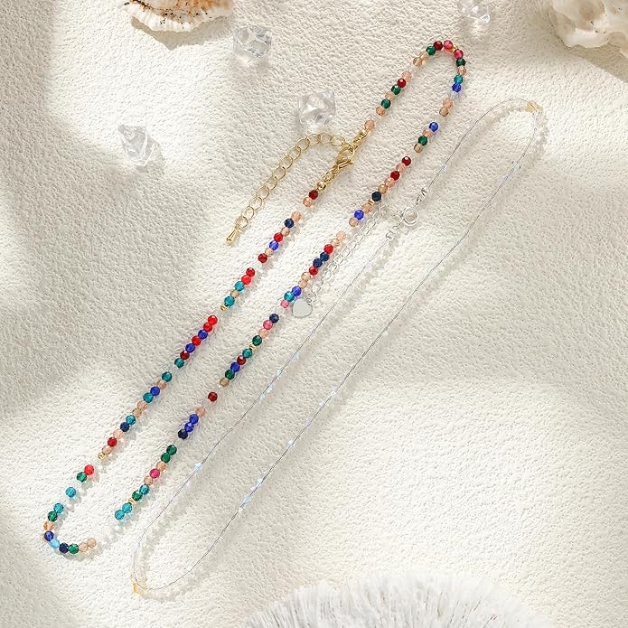 JSJOY Tiny Crystal Beaded Choker Necklaces for Women Colorful Beaded Necklace Dainty Choker Necklaces Simple Boho Jewelry Gifts for Teens Handmade Bead Necklaces Gifts