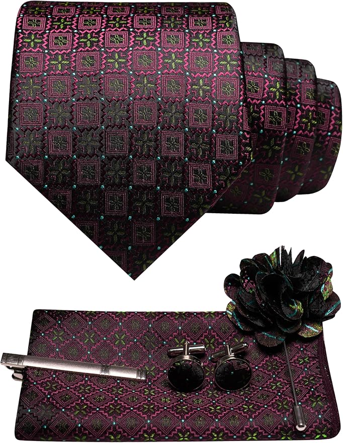 JEMYGINS Mens Tie and Pocket Square,Lapel Pin,Cufflinks,Tie Clip Sets with Gift Box 5PCS