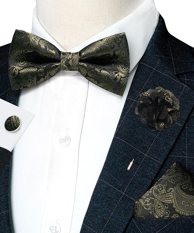 JEMYGINS Paisley Pre-tied Bow Tie and Pocket Square Cufflinks Lapel Pin Sets for Men 4PCS