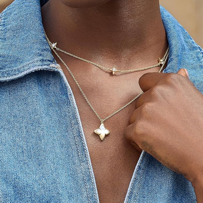 Cicy Bell Womens Four Point Star Necklace Sets Double Layer Chain 18k Gold Plated Cubic Zirconia Mother of Pearl Lucky Pendant Necklace