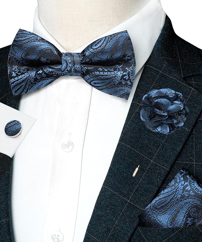 JEMYGINS Mens Paisley Bow Tie and Lapel Pin Necktie Pocket Square and Tie Clip with Sets for Business Casual 4PCS