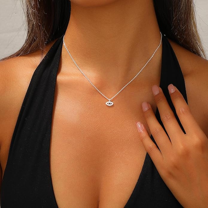Evil Eye Necklace for Women,Dainty 14K Gold/Sterling Silver Plated Evil Eye Pendant Necklace Tiny Boho CZ Diamond Necklace Cute Trendy Lucky Protection Jewelry Gift for Women