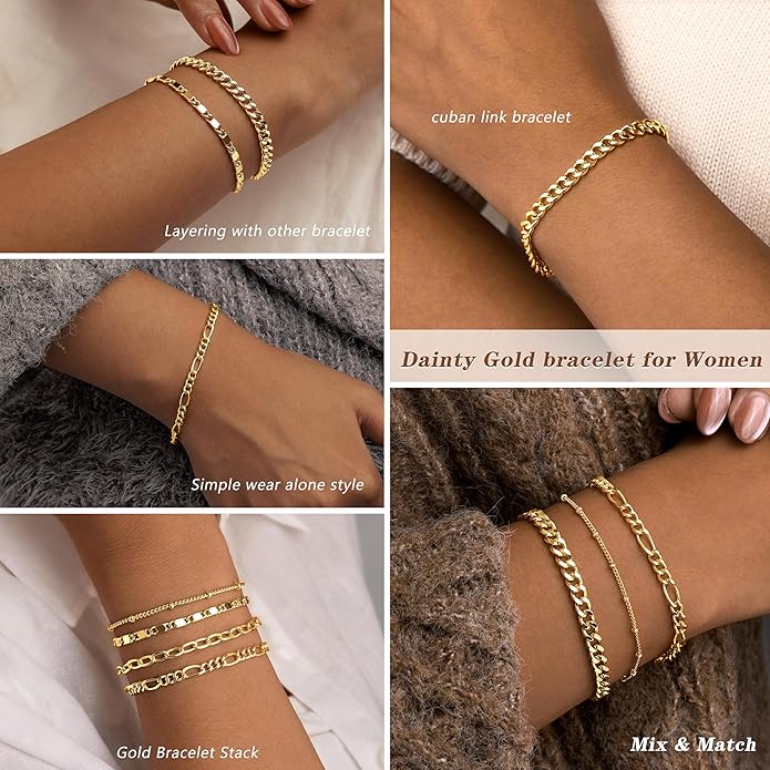 Gold Bracelets for Women Trendy,14K Gold Plated Dainty Stackable Paperclip Cuban Link Chain Bracelets, Simple Cute Cuff Bracelets Jewelry Set Adjustable 7"+2"
