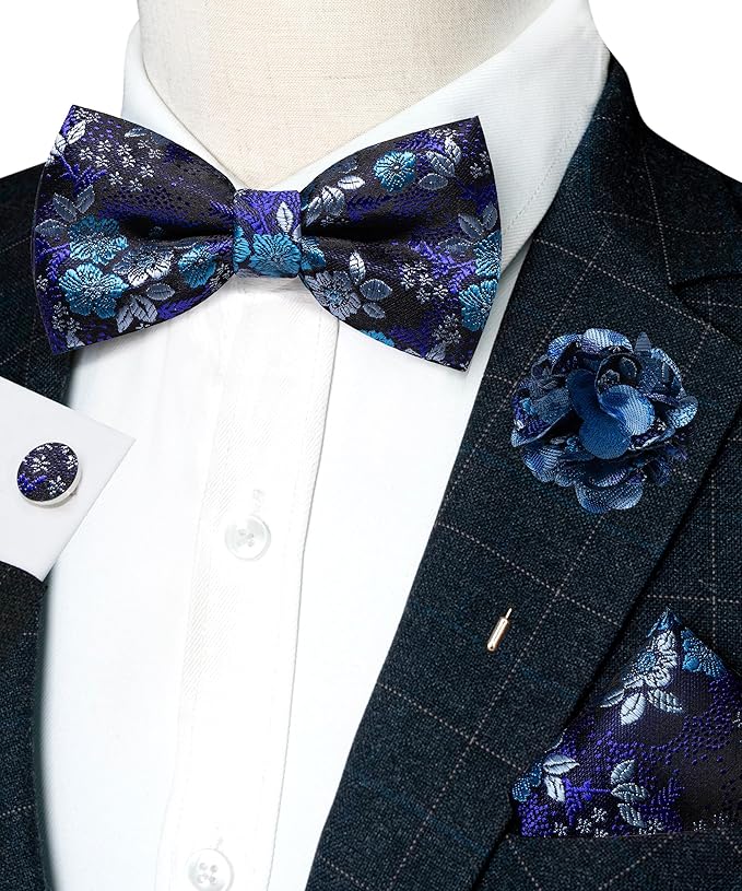 JEMYGINS Floral Pre-tied Bow Tie and Pocket Square Cufflinks Lapel Pin Sets for Men 4PCS