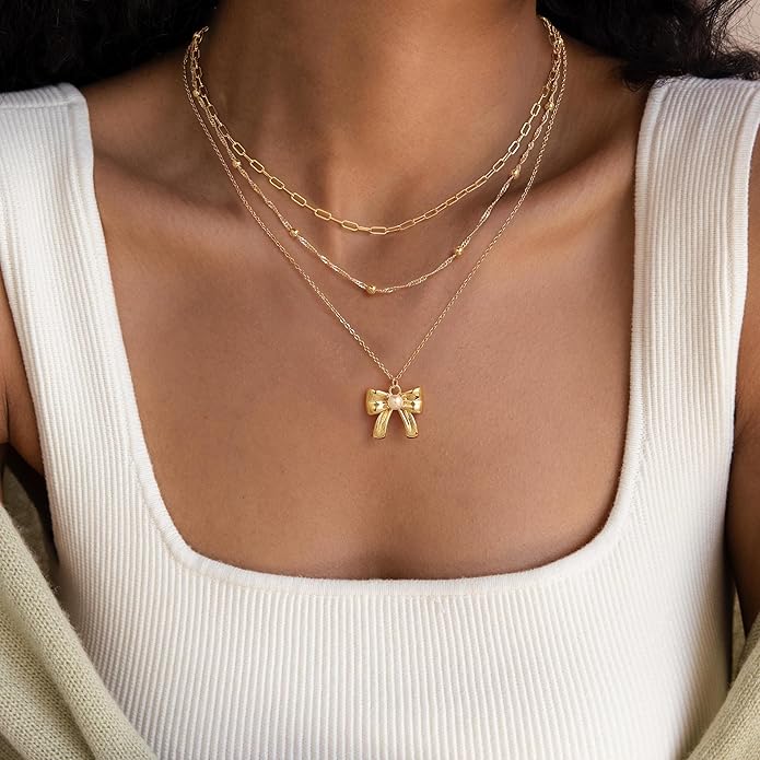 Layered Necklace for Women 14K Gold Plated Dainty Paperclip Herringbone Pearl Cross Pendant Necklace Stack，Layering Chain Cuban Figaro Rope Chain Choker Trendy Gold Jewelry Gift