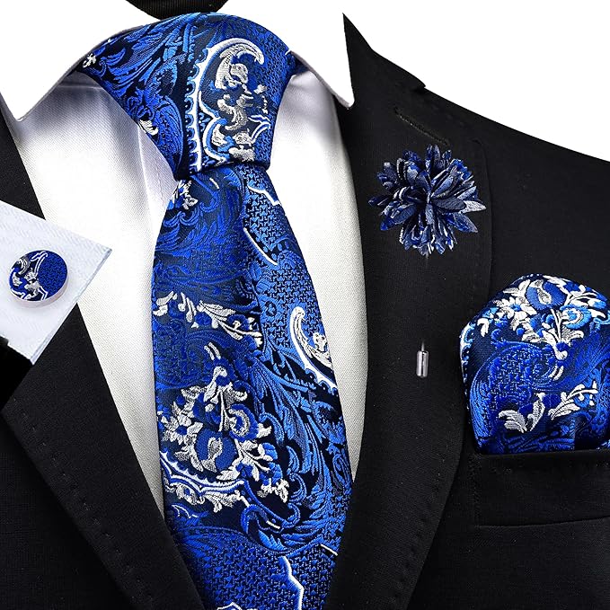 GUSLESON 8cm Paisley Tie Set for Men Necktie Lapel Pin Pocket Square Cufflinks Set for Men