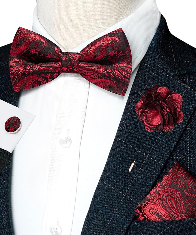 JEMYGINS Mens Paisley Bow Tie and Lapel Pin Necktie Pocket Square and Tie Clip with Sets for Business Casual 4PCS