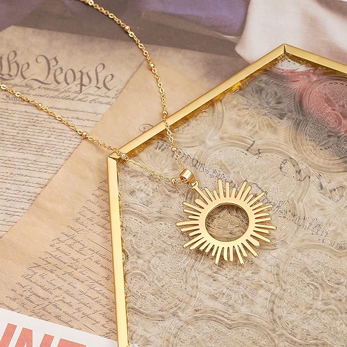 CANEVINKA 18K Gold Plate Coin Pendant Necklace for Women Dainty Compass Sunflower Necklaces Personalized Chain Layered Jewelry