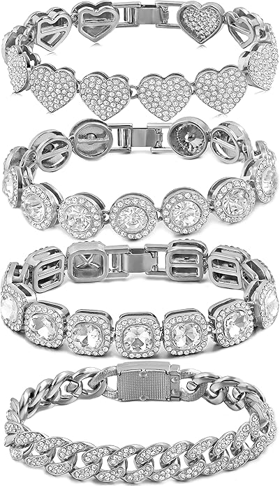 shopbyskyler 4PCS Gold Bracelets for Women Silver Clustered Tennis Bracelet for Women Heart Round Diamond Cuban Bracelet Layered Link Bracelet Set Fashion Jewelry for Women Set