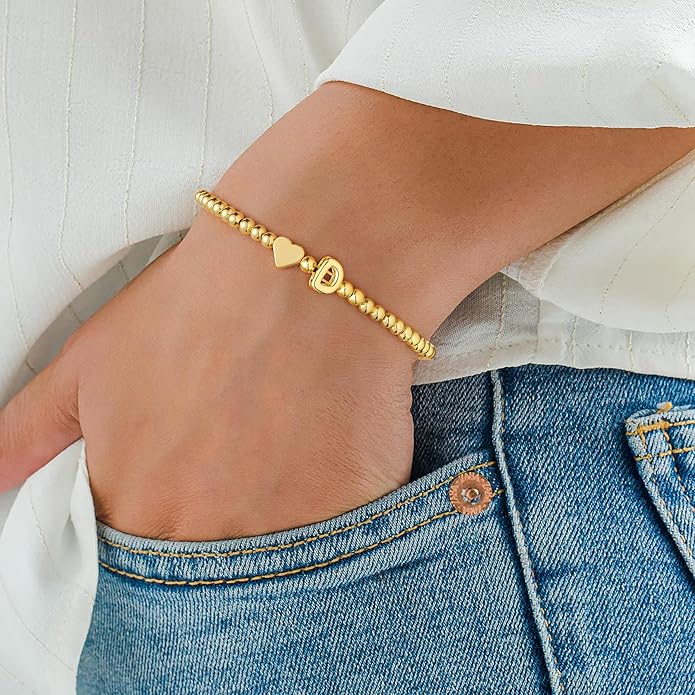 M MOOHAM Stocking Stuffers for Teen Girls Women - Dainty Gold Initial Beaded Bracelets for Women Trendy, Charm Letter A-Z Personalized Bracelet Jewelry Kids Christmas Gifts