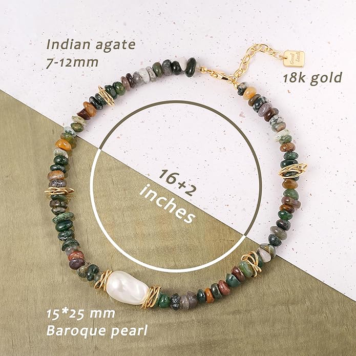 Chunky Statement Stone Beaded Necklace, Big Baroque Pearl Gold Choker, Trendy Boho Colorful Stone Jewelry