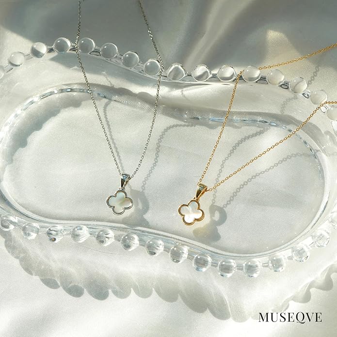 MUSEQVE Four Leaf Clover Necklace for Women Dainty Mother of Pearl White Black Onyx Pink Blue Mint Green Crystal Lucky Clover Pendant 14K Gold Plated Jewelry Gifts [CVRN]