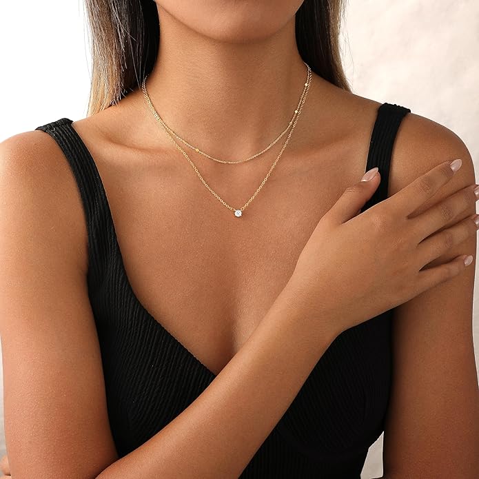 Layered Gold Necklace for Women Trendy 14K Gold Plated Heart CZ Pendant Layered Gold Necklaces Set Coin Choker Necklaces Simple Circle Cubic Zirconia Pearl Necklace Stack Herringbone Paperclip Chain Jewelry Set