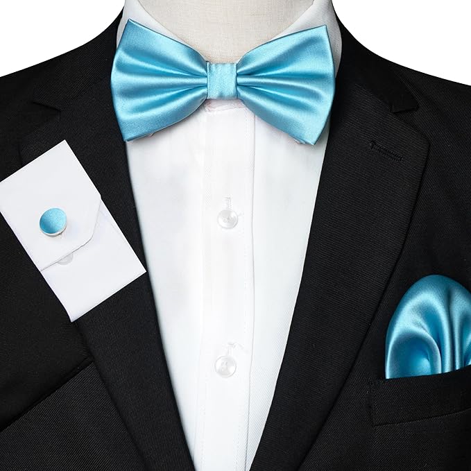 JEMYGINS Solid Color mens Pre-tied Bow Tie and Pocket Square Cufflinks Sets with Gift Box