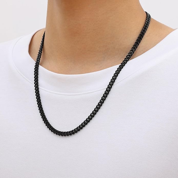 Fiusem Valentines Day Gifts for Him Silver Tone/Black/14K Gold Plated Chain Necklace for Men, 5mm/6mm/7.5mm/8mm/9mm Stainless Steel Cuban Link Chain Necklace, Men's Chains 18-28 Inch Jewelry Gifts