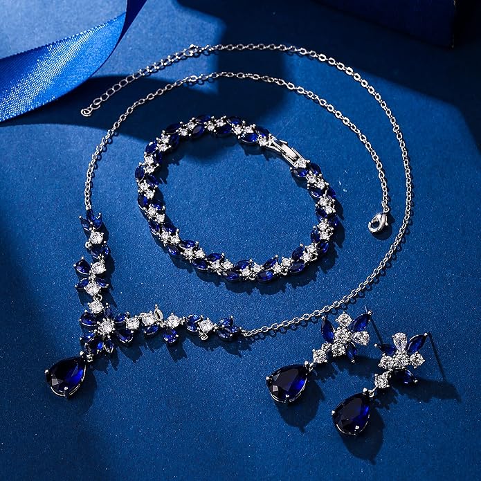 EleQueen Women's Wedding Bridal Jewelry Set for Brides Bridesmaids, Silver/14K Gold/Rose Gold Plated Cubic Zirconia Teardrop Necklace Dangle Earrings Bracelet Sets for Party Prom