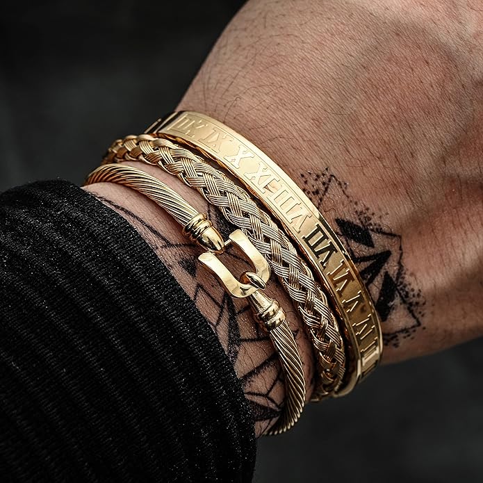 WFYOU 3PCS Stainless Steel Bracelets for Men Gold Roman Numeral Bangle Bracelet Twisted Cable Bracelet Adjustable Cuff Bracelet Mens Luxury Jewelry Bracelets Gifts