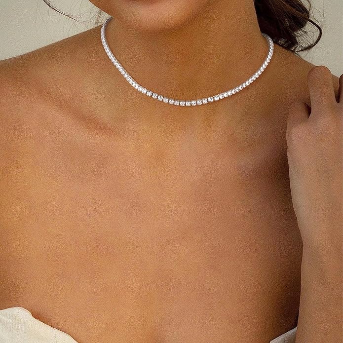 Tennis Necklace for Women, 14K Gold/Silver Plated Rhinestone Choker Necklaces for Women, Dainty Cubic Zirconia Cut Faux Diamond Chain