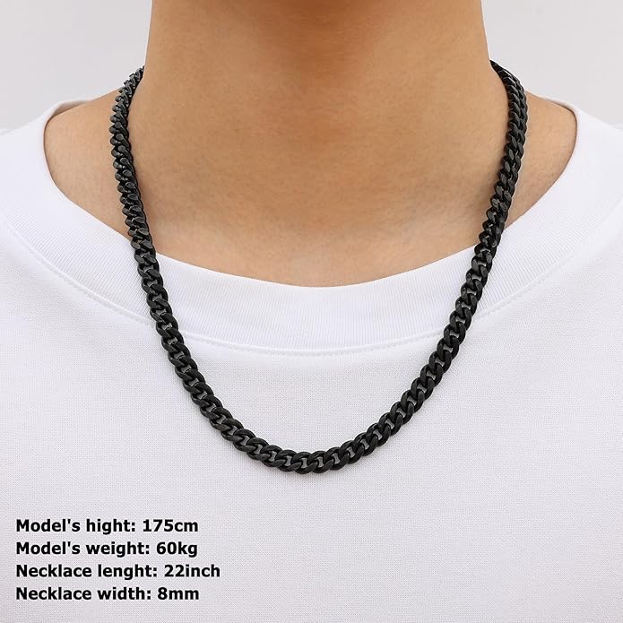 Fiusem Valentines Day Gifts for Him Silver Tone/Black/14K Gold Plated Chain Necklace for Men, 5mm/6mm/7.5mm/8mm/9mm Stainless Steel Cuban Link Chain Necklace, Men's Chains 18-28 Inch Jewelry Gifts