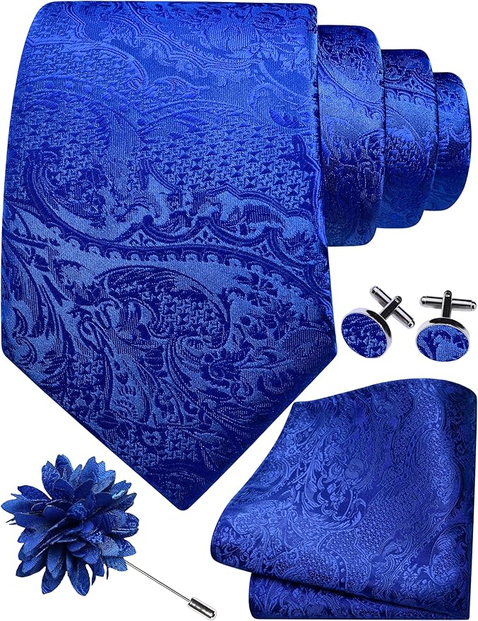 GUSLESON 8cm Paisley Tie Set for Men Necktie Lapel Pin Pocket Square Cufflinks Set for Men