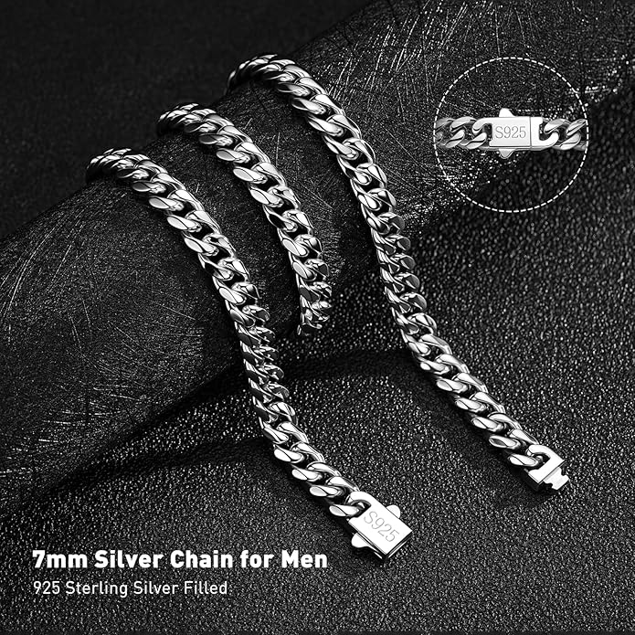 DFUNH 7MM Stainless Steel Mens Cuban Link Chain,Black Metal/925 Sterling Silver Plated Men Chain Necklaces Black/Silver Chain for Men Necklace