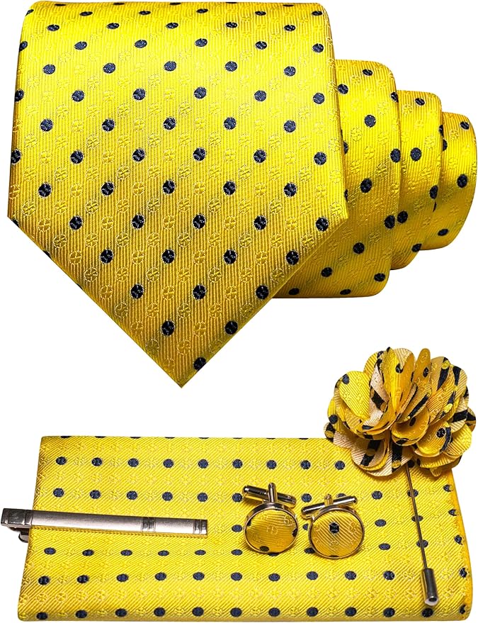 JEMYGINS Mens Tie and Pocket Square,Lapel Pin,Cufflinks,Tie Clip Sets with Gift Box 5PCS