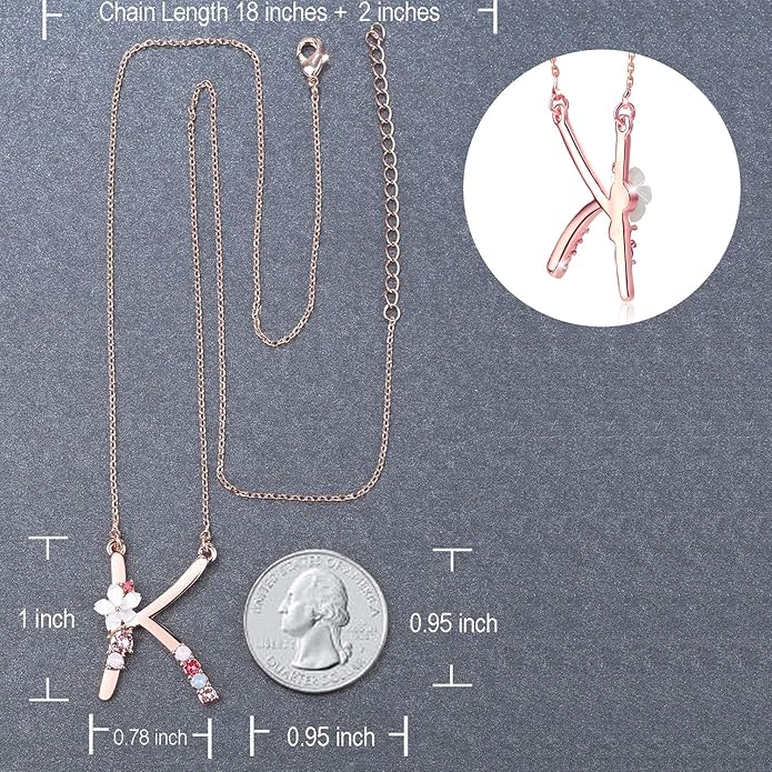 Flower Initial Letter Necklace Pink Red Blue Simulated Pearl Pendant Name Jewelry Made with Austrian Crystals Rose Gold Plated Anniversary Birthday Gifts for Women,18"+2"