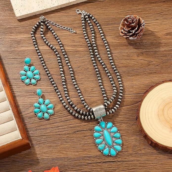 KLSURPRISE2 Western Jewelry Sets for Women – Turquoise Necklace and Earring Set Vintage Boho Cowgirl Accessories Country Jewelry Gift for Her