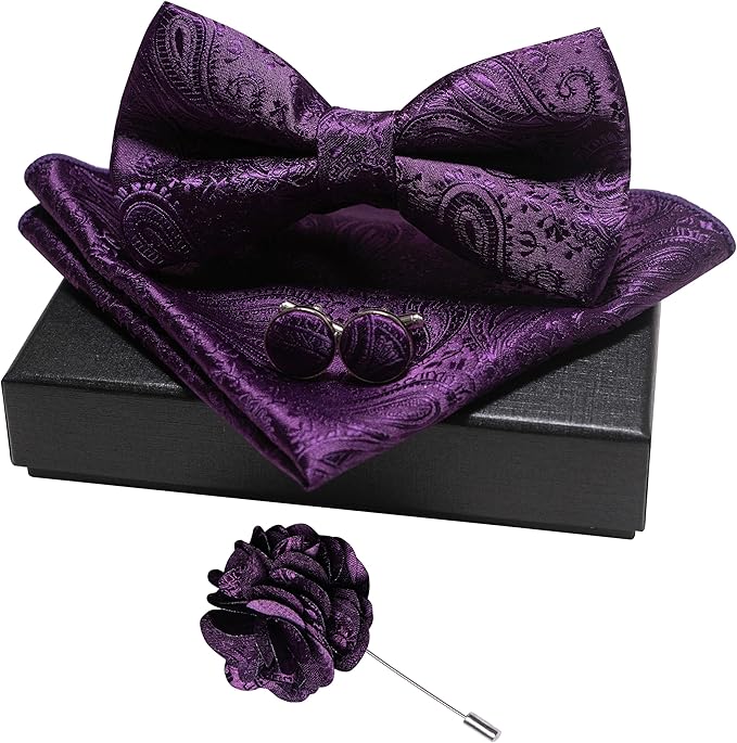 JEMYGINS Mens Paisley Bow Tie and Lapel Pin Necktie Pocket Square and Tie Clip with Sets for Business Casual 4PCS