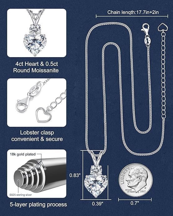 Forever Love Heart Pendant Necklaces for Women, 2-5 Carat Heartshape Moissanite Sterling Silver Pendant Jewelry, Ideal Anniversary Present or Birthday Gifts for Wife Her Girlfriend Mom Daughter
