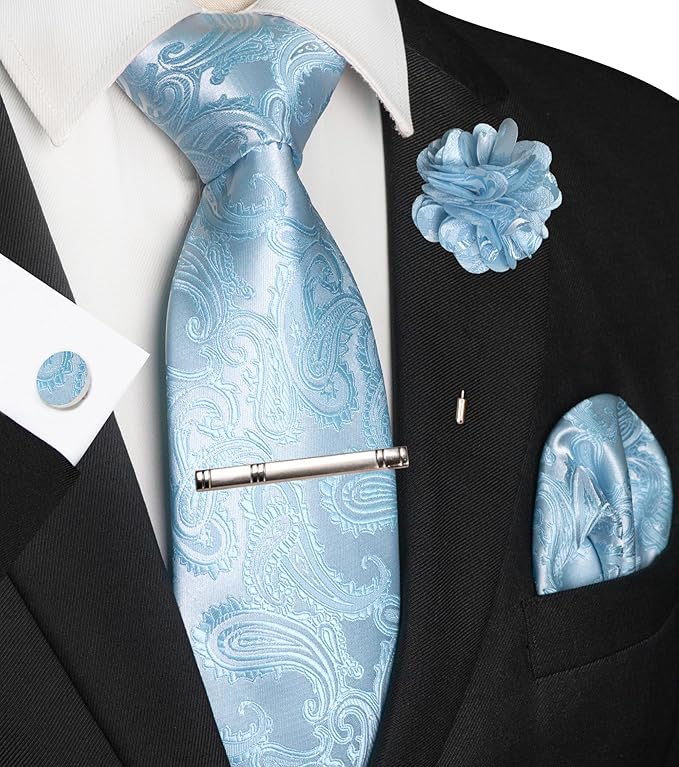 JEMYGINS Mens Paisley Tie and Pocket Square,Lapel Pin,Cufflinks,Tie Clip Sets with Gift Box 5PCS