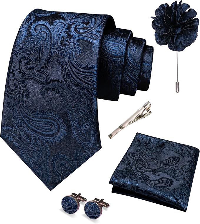 JEMYGINS Mens Paisley Tie and Pocket Square,Lapel Pin,Cufflinks,Tie Clip Sets with Gift Box 5PCS