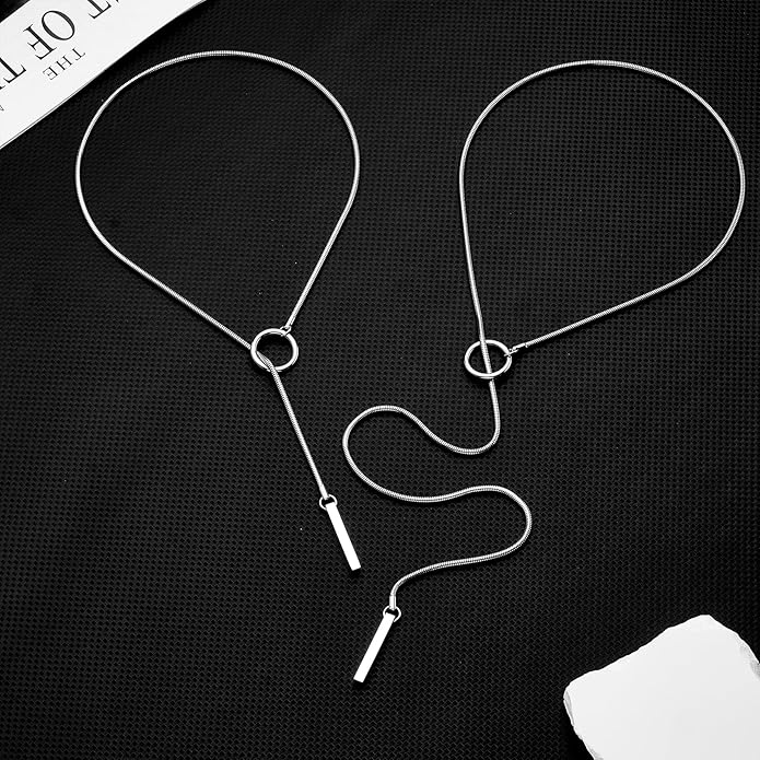 Slip Chain Necklaces for Women Stainless Steel Bar Pendant Choker Necklace Boho Handmade Long Lariat Necklace Silver Statement Punk Rock Collar Jewelry