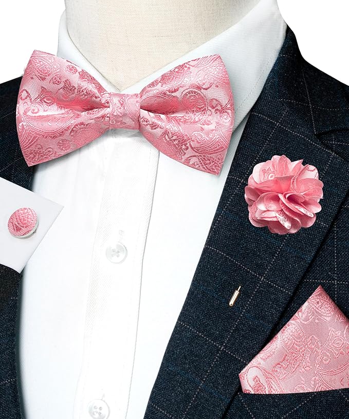 JEMYGINS Paisley Pre-tied Bow Tie and Pocket Square Cufflinks Lapel Pin Sets for Men 4PCS