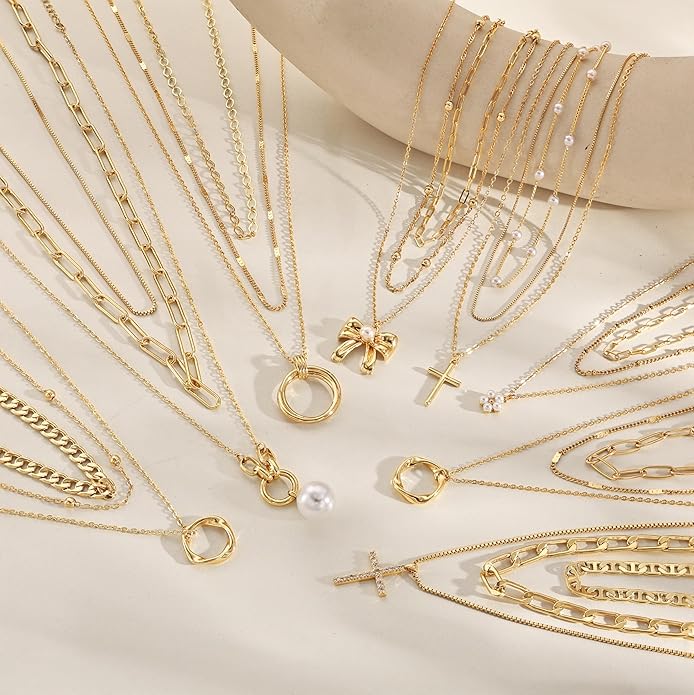 Layered Necklace for Women 14K Gold Plated Dainty Paperclip Herringbone Pearl Cross Pendant Necklace Stack，Layering Chain Cuban Figaro Rope Chain Choker Trendy Gold Jewelry Gift