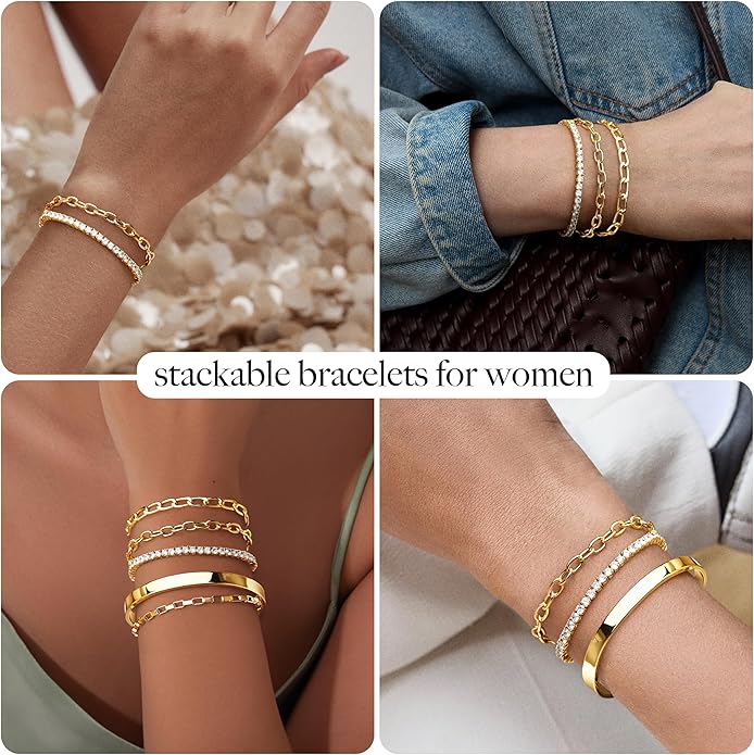 Gold Bracelets for Women Non Tainish,Dainty Bracelets Stack for Women Trendy, Gold Plated Cuff Bracelets Stack With Beaded Cuban Paperclip Snake Rope Bangle Hand Chain Jewelry Gifts for Women