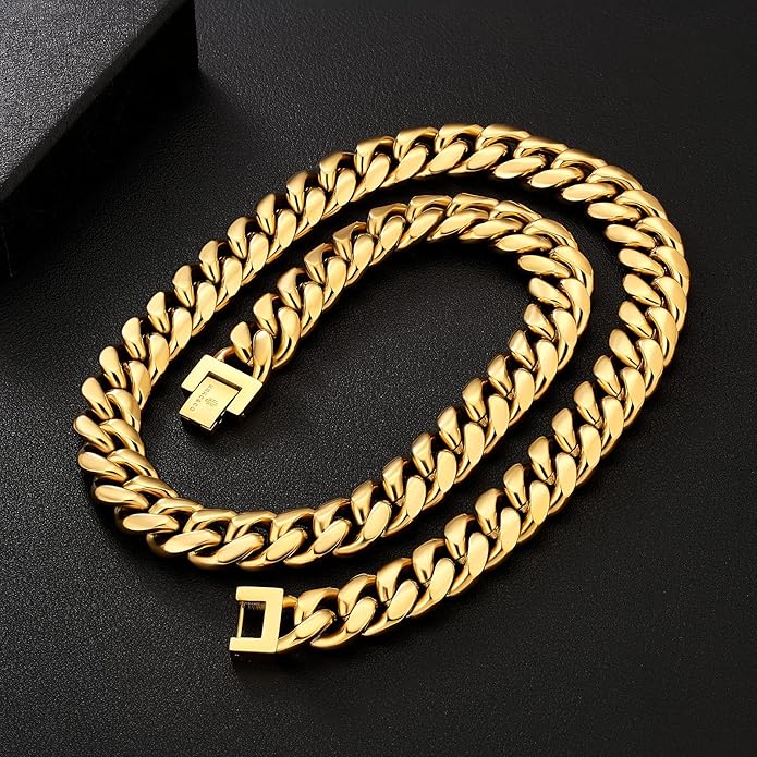 KRKC&CO Cuban Link Chain for Men 8/10/12/14mm, Brithday Gift for Men, 18k Gold Miami Necklace, Durable, Anti-Allergies Hip Hop Jewelry for Mens
