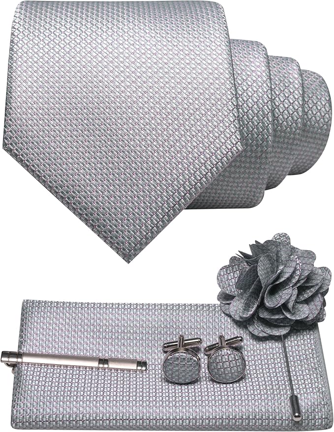 JEMYGINS Mens Tie and Lapel Pin Necktie Pocket Square Cufflinks and Tie Clip Sets for Business Casual 5PCS