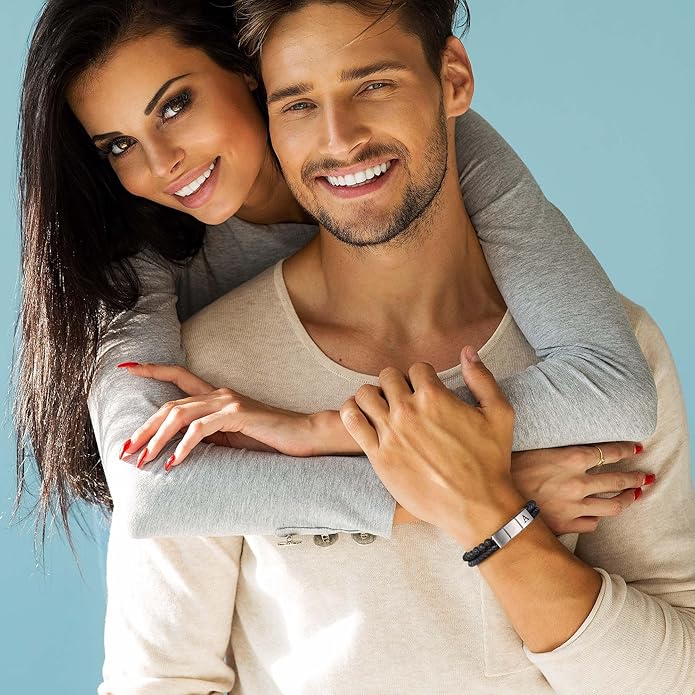 Leather Bracelets for Mens Gifts - Premium Genuine Leather Natural Lava Rock Adjustable Stainless Steel Magnetic Clasp Mens Initial Bracelet, Unique Gifts for Men Husband Dad Son