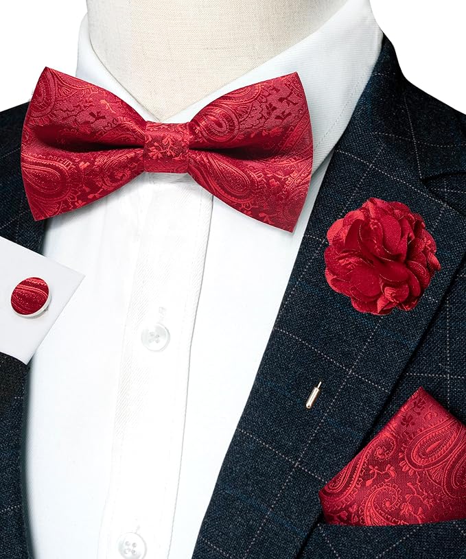 JEMYGINS Mens Paisley Bow Tie and Lapel Pin Necktie Pocket Square and Tie Clip with Sets for Business Casual 4PCS