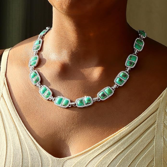 Chunky Necklace for Women 12 Colors Diamond Stone Gold Statement Necklace for Women Full Trendy Blue Birthstone Choker Necklace for Women Square Design Necklace Jewelry