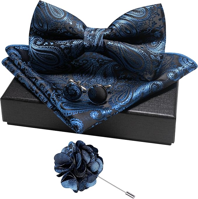 JEMYGINS Mens Paisley Bow Tie and Lapel Pin Necktie Pocket Square and Tie Clip with Sets for Business Casual 4PCS