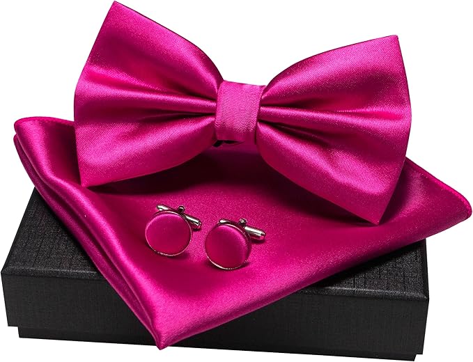 JEMYGINS Solid Color mens Pre-tied Bow Tie and Pocket Square Cufflinks Sets with Gift Box