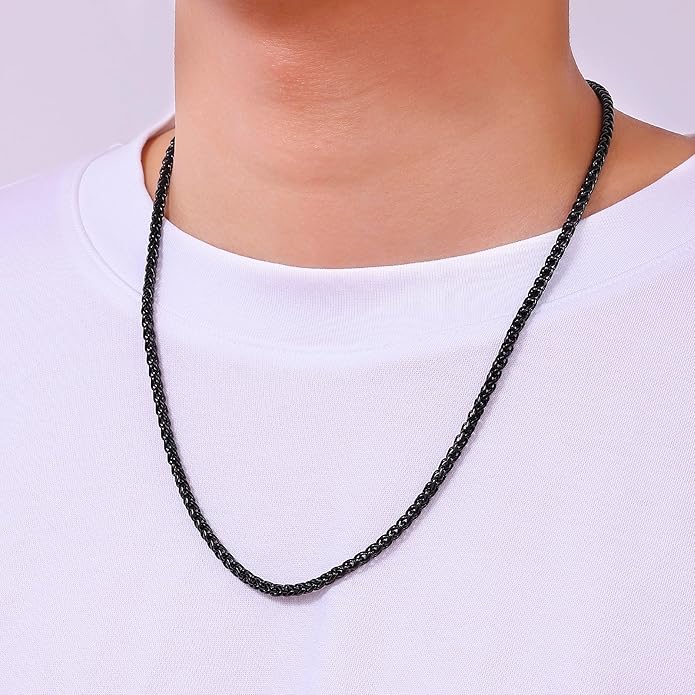 Fiusem Black Wheat Chains for Men and Women, 2/2.5/3/4/5mm Stainless Steel Necklace Chain, Mens Necklace Jewelry Gift 16-28 Inch