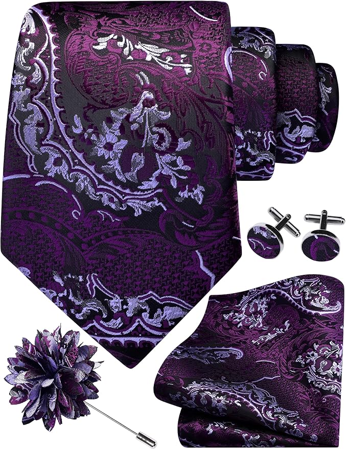 GUSLESON 8cm Paisley Tie Set for Men Necktie Lapel Pin Pocket Square Cufflinks Set for Men